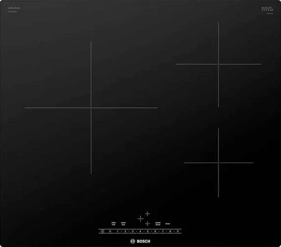 The cooktop from above: a large cooking zone on the left, two smaller ones on the right, and the control strip along the front edge.