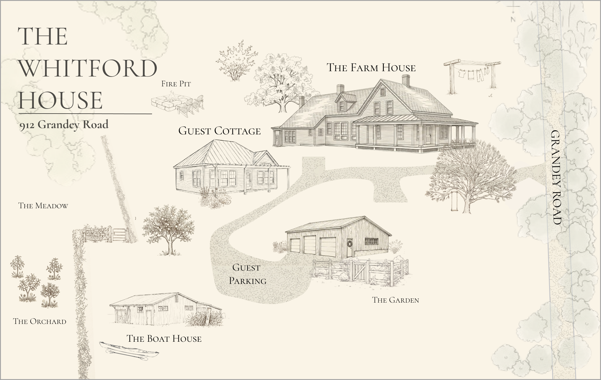Illustrated map of Whitford House showing the Farm House, Guest Cottage, guest parking, and the Boat House where the kayaks are kept