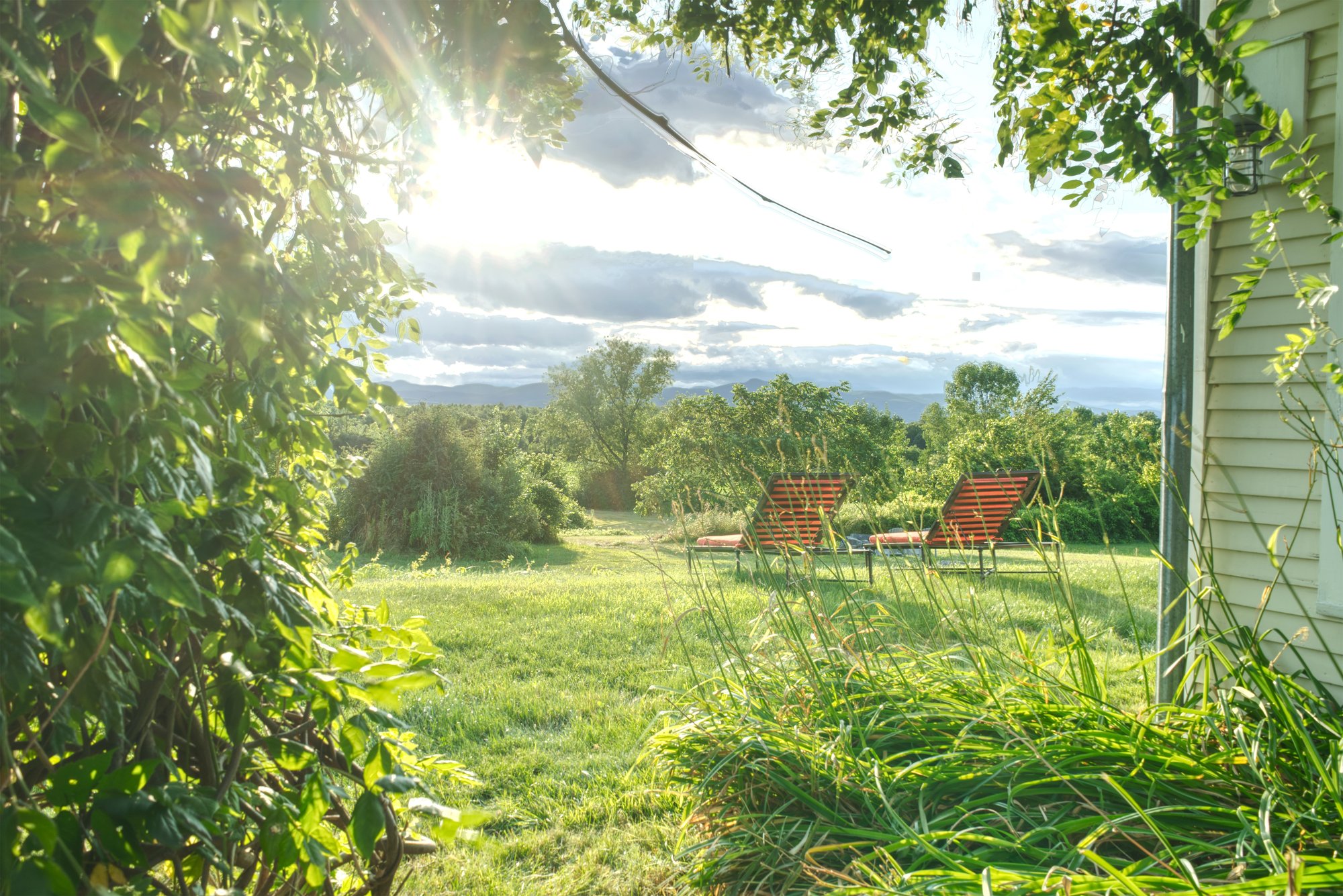 View through greenery of two wooden lounge chairs in the meadow beside the guest house, with the Adirondack Mountains in the distance.