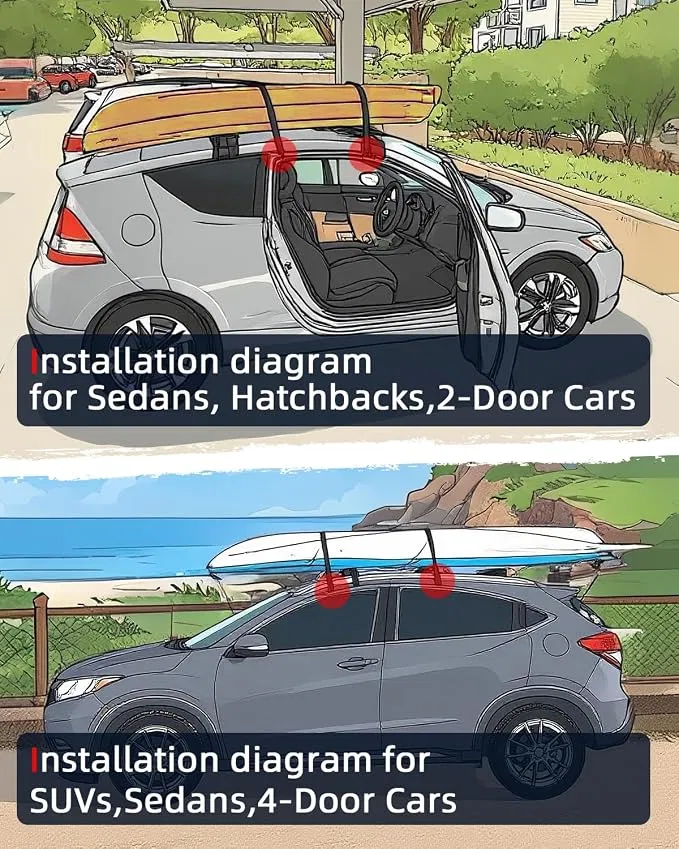 Diagram showing kayak strap routing through the door openings for hatchbacks and over the crossbars for SUVs